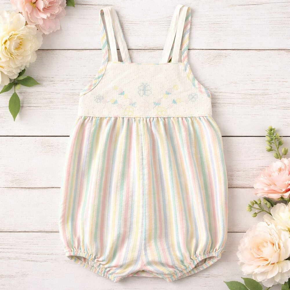 VINTAGE Buster Brown Pastel Striped Seersucker Bubble Romper 24M